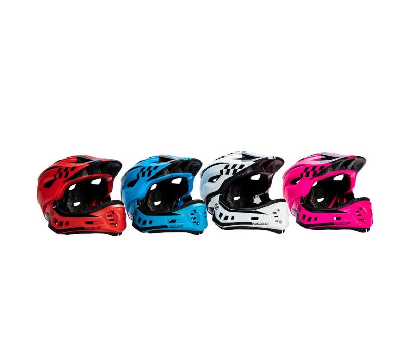 Studio lineup of red, blue, white, and pink ST-R Full-Face Helmets