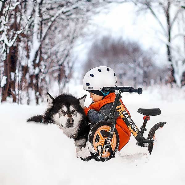 Child pets dog while riding bike in snow