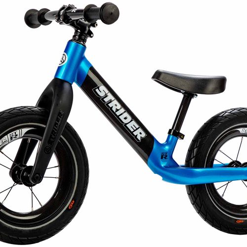 Studio image of blue Strider ST-R carbon fiber balance bike