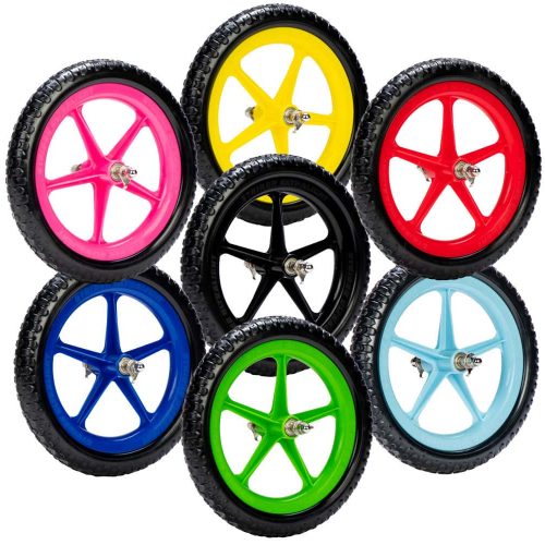 Studio shots of all seven available colors of Strider Ultralight Wheels arranged in a circle